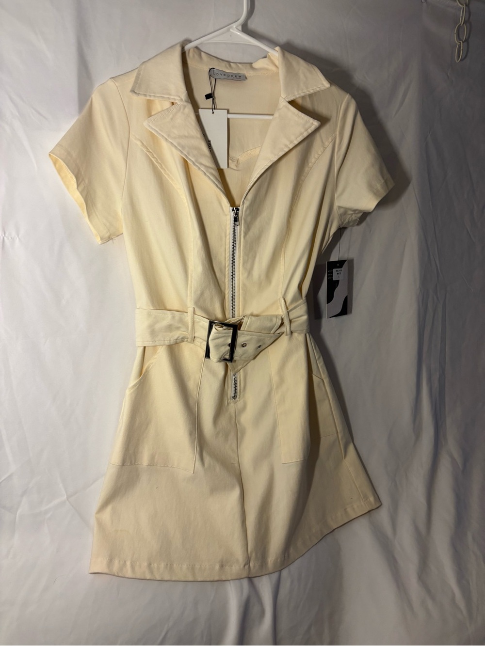 Cream Zip-Front Belted Mini Dress